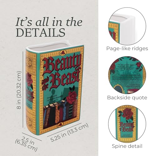 Steel Mill & Co Original Large Book-Shaped Decorative Vase, Ceramic Vases for Home Decor, Cute Bookshelf Decor, Unique Vase for Book Lovers, Beauty and the Beast