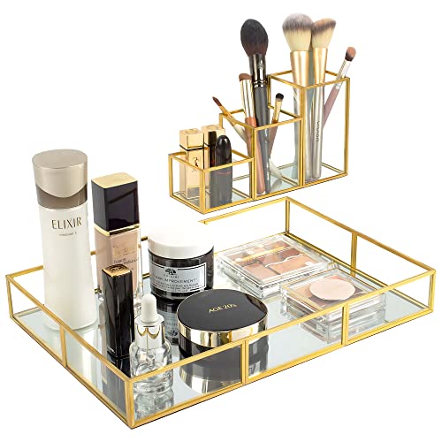 Gold Metal Frame and Glass Vanity Tray Set, Large Decorative Platform for Perfumes, Makeup Brushes, Jewelry Display, Office Stationery Holder, Sophisticated Design, 12.2x8.5x2.2 in - style: Tray-Holder