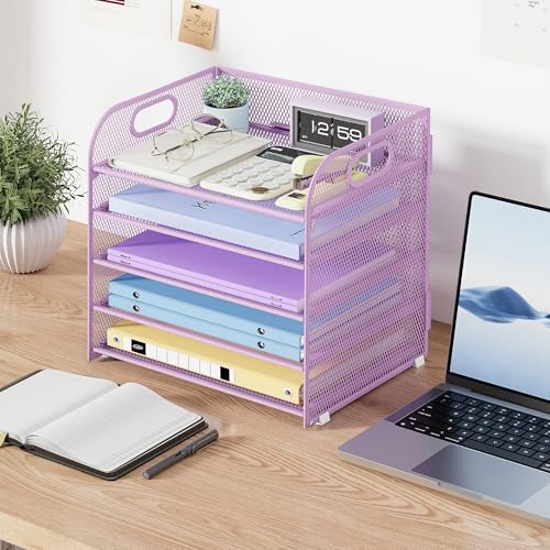 Cawukege 5 Tier Paper Organizer with Handle, Metal Mesh Desk Organizer File Folder Paper Letter Tray Desktop Document Sorter for Classroom, School, Office Accessories Organization and Storage - Purple - color: Purple