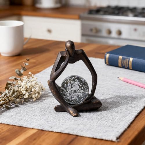 Lucky Crystal Ball Thinker Statue – Abstract Resin Figurine with Bronze Finish, Modern Home & Office Decor Sculpture Symbolizing Luck and Clarity, Artistic Gift for Men & Women