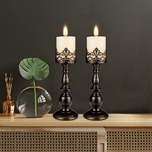 Candle Holders for Pillar Candles Gothic Distressed Black Vintage Tall Candle Holders Set of 2 Decorative Large Table Centerpieces Candle Stand Decor (Distressed Black 2PCS A) - color: Distressed Black 2pcs a