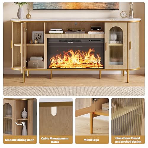 MXV 70" Fluted TV Stand for TVs up to 80", Mid Century Modern Entertainment Center with Sliding Doors & Glass Door, TV Console Table with Faux Marble Top for Living Room, Oak (70IN with Fireplace) - size: 70IN with Fireplace
