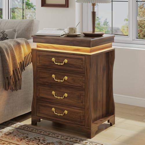 Nightstand with Hidden Compartment & Charging Station, Vintage Bedside Table with LED Lights, Night Stand with 4 Storage Drawers, Large Modern Nightstands Wood End Table for Living Room (Walnut)