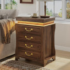 Nightstand with Hidden Compartment & Charging Station, Vintage Bedside Table with LED Lights, Night Stand with 4 Storage Drawers, Large Modern Nightstands Wood End Table for Living Room (Walnut)