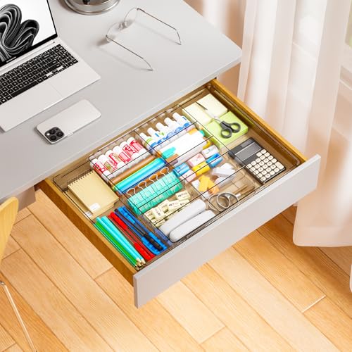 Yieach Large Expandable Desk Drawer Organizer Tray for Office Supplies and Accessories With 12 Adjustable Compartments,Office Drawer Organizers for Pencil,Pen and Kitchen Junk Drawer Organizer,Clear - size: L-12.6 to 21.3x14.5x1.8 In