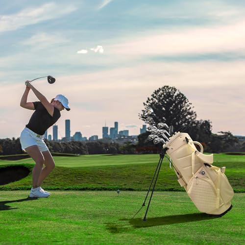 Luxury Womens Golf Bag, PU Leather Golf Stand Bag for Women/Ladies, 14-Way Full-Length Top Dividers, Ultra Lightweight, Large Pockets for Accessories - color: Sandstone