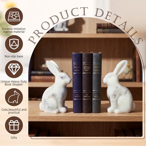 1 Pair Decorative Bookends for Shelves Marble Bunny Bookends Heavy Duty Book Ends Cute Rabbit Book Ends for Home Office Desk Bookshelf Living Room Decoration