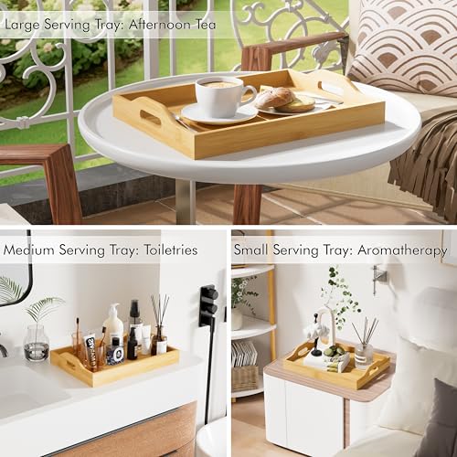 3 Pack Serving Tray with Handles, 3 Sizes Nestable Rectangular Tray Easy Carrying Serving Trays, Durable Bamboo Trays for Serving Food, Party, Kitchen, Organizing, Decorating