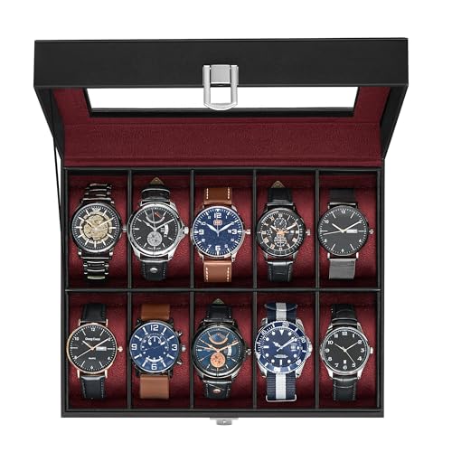 SONGMICS Watch Box, 10-Slot Watch Case Organizer with Large Glass Lid, Removable Pillows, Gift for Loved Ones, Black Synthetic Leather, Wine Red Lining UJWB010R01 - color: Black + Wine Red, size: 10 Slot