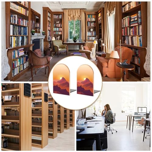 Sunset Wooden Bookends Shelves 2 PCS Mountain Sturdy Book Holders Desktop Organizer for Home Office Libraries - color: Color-2