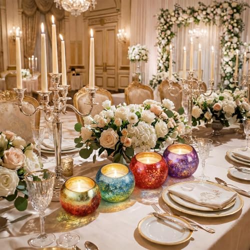 4 Pack Glass Votive Candle Holders, Grandient Tealight Holder, Stained Glass Candle Holder Bowl, Colorful Mosaic Scented Candle Stand for Home Decor Wedding Party Table Centerpieces, 4 Color