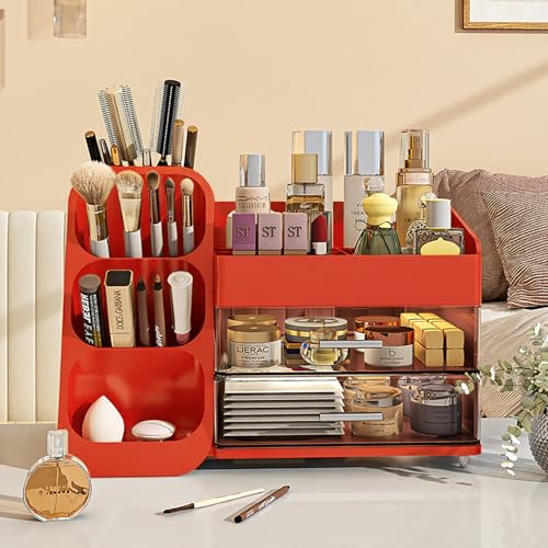 Booklov Makeup Organizer for Vanity, Large Capacity Cosmetic Display Case with Clear Acrylic Drawers, Countertop Beauty Storage Holder for Skincare, Brush Eyeshadow Lipstick, Counter Desk, Crystal Red - color: Crystal Red, size: L01