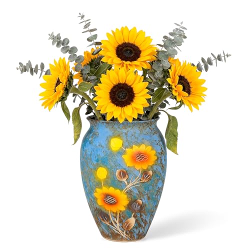 12 Inch Ceramic Flower Vase with Drainage Hole, Decorative Vase for Indoor & Outdoor Use, Available in Blue & Rust Color, Includes Rubber Stopper & Mesh Pad - color: Blue-sunflower