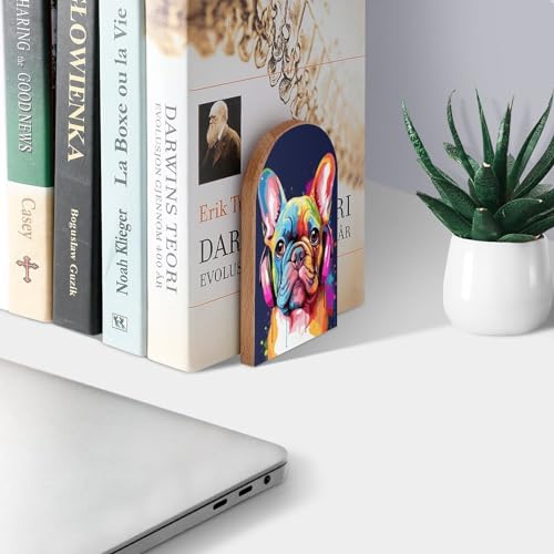 Colorful Dog French Bulldog Book Ends Decorative Wood Bookends for Shelves Kids Room Desk Home Office Book Stoppers for Magazines,Books, DVDs, 1 Pair/2 Pieces(5x3.1 in)