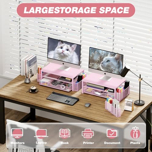 OPNICE Desk Organizers and Accessories, 2-Tier Computer Monitor Stand Riser with Drawer and 2 Pen Holders, Laptop Stand, Office Desk Accessories & Office Decor for Women, Pink - color: Pink 1-Pack