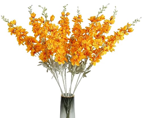 8pcs Delphinium Artificial Flowers 33.5in Long Stem Larkspur Fake Silk Flowers for Tall Vase Faux Flowers for Home Wedding Baby Shower Floral Arrangement Centerpiece Table Decorations (Orange) - color: Orange