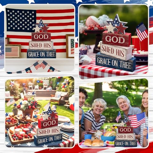 CroBlissful 4 Pcs 4th of July Decorations Patriotic Memorial Day Tabletop Decorations Red White Blue Table Centerpieces Sign for Office Tiered Tray Home Shelf 250th Anniversary(God) - style: God