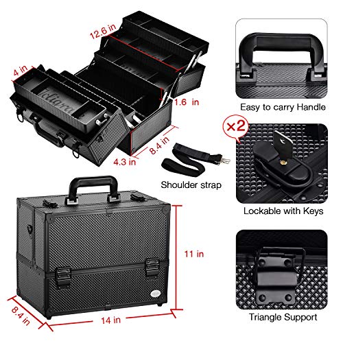 Joligrace Makeup Train Case Professional Adjustable - 6 Trays Cosmetic Cases Makeup Storage Organizer Box with Lock and Compartments 14 Inch Large Black - color: 3.Black