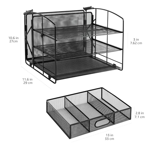 Amazon Basics Sturdy Rectangular Desktop Organizer with 3 Trays, Sliding Drawer and Hanging File Holder for Office Supplies, Black