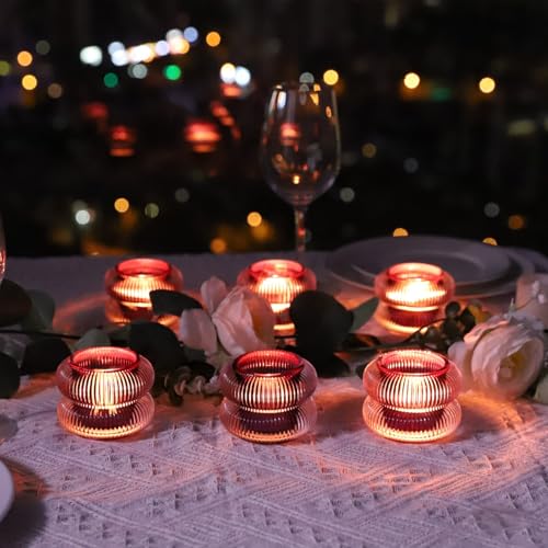 Woho Ribbed Votive Candle Holders Set of 6 for Wedding Decor, Vintage Tealight Candle Holder for Halloween/Thanksgiving, Glass Tea Lights Candle Holder for Dinner Table (Purple, 2.1" H X 2.75" D) - color: Purple