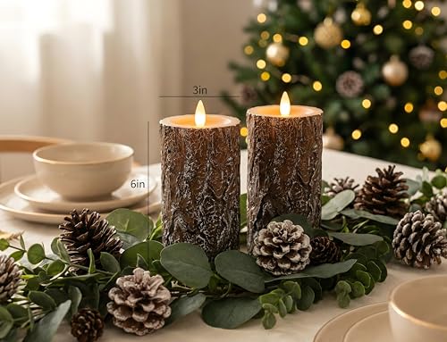 Pine Flameless Pillar Candles Flickering with Remote Timer, Battery Operated LED 3D Moving Flame Real Wax Candles, Set of 2, D3 x H6,Remote Included (Pine) - color: Pine