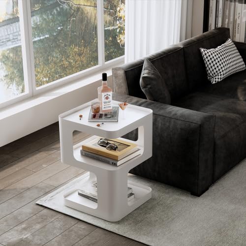 Modern Side Table,White end Table,Unique nightstand,Bedside Table,Metal 3-Tier Night Stand with Storage,Accent Side Table for Couch,Bedroom,Living Room.No Assembly Required. - color: White