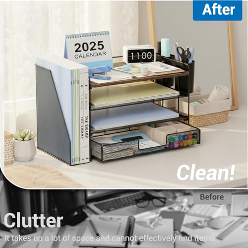 OPNICE Wood Desk Organizers and Accessories, 4-Tier Desktop File Organizer with Drawer and 2 Pen Holders, Office Desk Accessories Workspace Organizers for Office Supplies(Wood) - color: Wood, size: 4-Tier