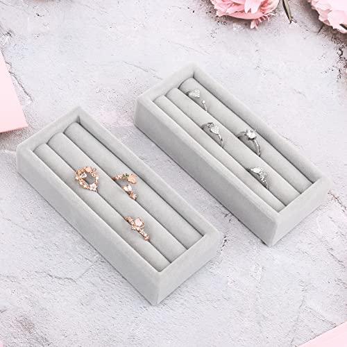DesignSter Small Jewelry Tray, 2PCS Ring Organizer, Velvet Jewelry Display Tray, Stackable Jewelry Organizer Trays, Jewelry Drawer Organizer Inserts For Dresser, Jewelry Box (Gray) - color: Gray, size: 3 Slots