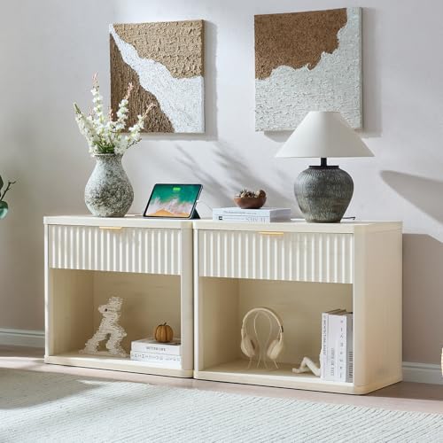 LEYAOYAO 31" Wide Fluted Nightstand with Charging Station, Oversized Extra Large 1 Drawer Night Stand with Golden Handle, White Wood Bedside Table Tall End Tables,for Bedroom, Living Room, Hallway - color: White, size: 1 Drawers