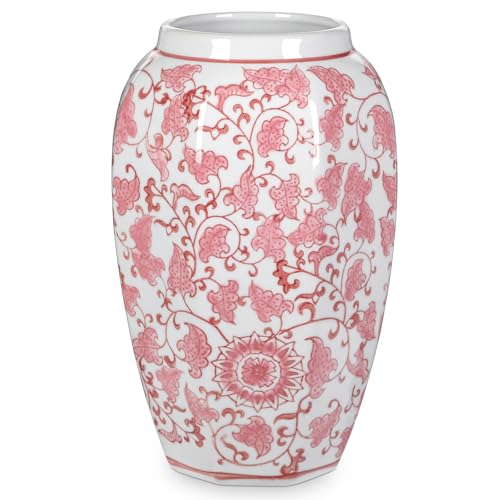 Pink Vase 8.5 Inch Traditional Chinoiserie Floral Vase Porcelain Ginger Jar Octagonal Vases Blue and White Porcelain Decor for Home, Living Room, Kitchen, Mantel, Shelf, Table - color: 8.5 Inch Pink