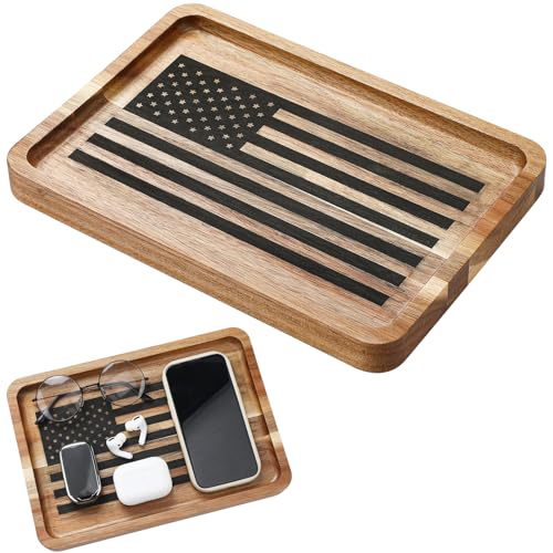Newtay American Flag Valet Tray for Men Wood Catch All Dump Tray EDC Organizer Every Day Carry Bedside Nightstand Table Entryway Holder for Keys Wallet Watches Phones Jewelry 11 x 7.75 x 1 Inch