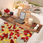 Temple Spring Acacia Wood Bathtub Tray Caddy for Tub — Expandable Bath Tray with Solid Book Stand Wine Holder and Non-Slip Pads — Includes Soap Dish and Spa Accessories — Luxury Hardwood Bath Gift Set - color: Acacia Wood