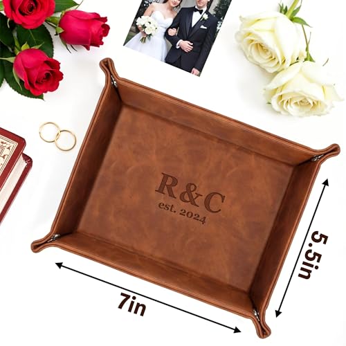 Personalized Engraved Leather Valet Tray with Custom Text, Engraved Gift for Couples – Custom Leather Catchall Organizer for Men & Women Wedding - style: Couple