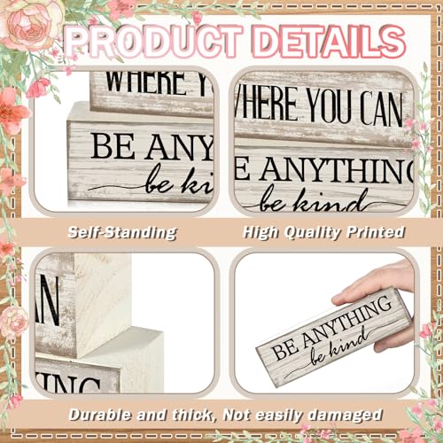Yuntau 4 Pcs Farmhouse Flower Wooden Table Decor Farmhouse Tiered Tray Decor Rustic Faux Decorative in a World Where You Can Be Anything Be Kind Block Sign Inspired Centerpiece for Home Shelf - style: Flower