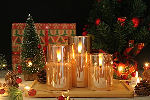 GenSwin Flameless Led Candles Flickering Battery Operated with Remote, Real Wax 3D Wick Moving Pillar Candles with Timer Remote Glass Effect for Festival Wedding Christmas Home Decor(Gold) - color: 3-Gold