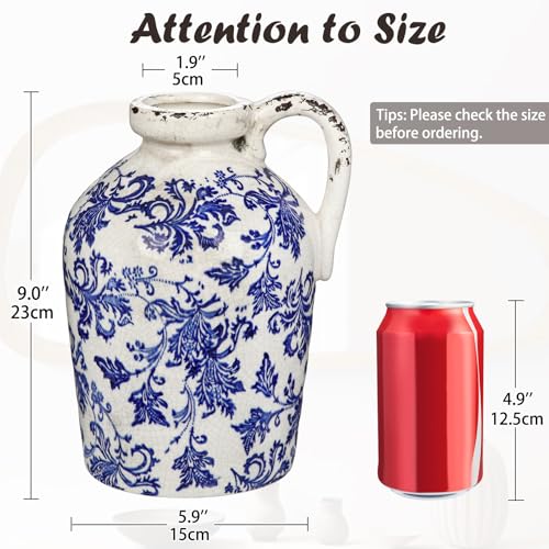 Ceramic Rustic Farmhouse Vase, 9 inch Ceramic Blue and White Vase for Centerpieces Pampas Grass Pottery Jug with Handle Boho Chinoiserie Decor Vintage Vases for Living Room Kitchen Dinner Table Shelf - color: Blue and White