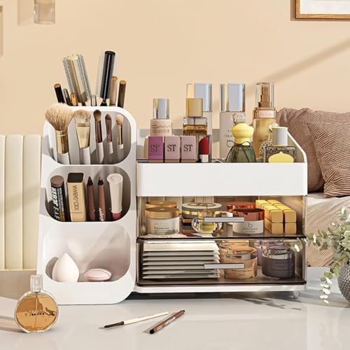 Booklov Makeup Organizer for Vanity, Large Capacity Cosmetic Display Case with Clear Acrylic Drawer, Countertop Beauty Storage Holder for Skincare, Brush Eyeshadow Lipstick Counter Desk, Crystal White - color: Crystal White, size: L01