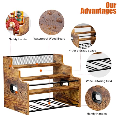 KLM 4-Tier Wood Display Shelf, Black Modern Bottle Organizer, Countertop Bar Stand for Liquor, Coffee Syrup, (Brown) - color: Brown