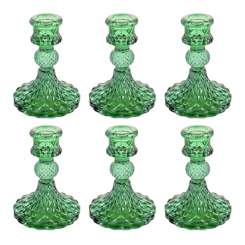 Glass Candlestick Holder,Striped Taper Candle Holders,Set of 6 Candle Stand for Table Centerpieces, Home Decor,Weddings,Festival and Parties (Green Dimond Pattern) - color: Green Dimond Pattern