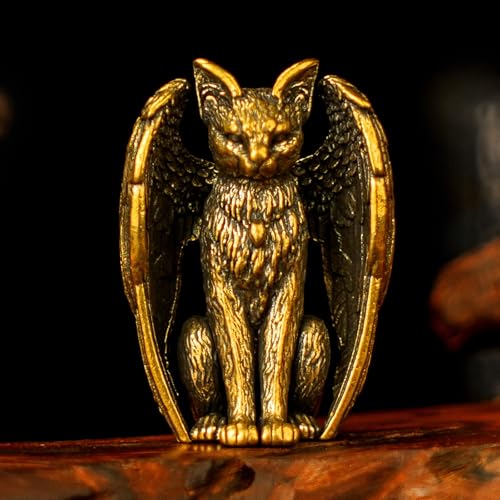 CHOVY Guardian Angel Cat Brass Statue - Solid Heavy Metal Winged Feline Sculpture, Handmade Vintage Oddity for Desk Altar, Bookshelf & Unique Spiritual Gift for Cat Lovers - color: Angel Cat