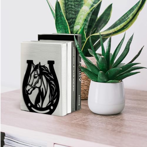 Peacoblue Metal Bookends for Shelves, Modern Decorative Heavy Duty Study Book Support Stoppers for Office, Desk, Shelf, Room 5.3"x4.3"x5.9" Cast Iron Simple Bookends, 1 Pair (Horses and Horseshoes) - style: Horses and Horseshoes
