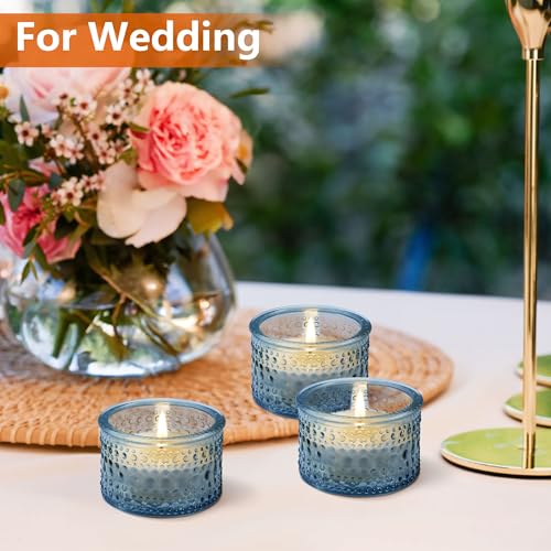 JOYIT Blue Votive Candle Holders Bulk Set of 4, Tealight Candle Holder for Wedding Table Centerpiece, Glass Small Candle Holders for Birthday Party, Valentine's Day, Home Decor (2''X 1.4'') - color: Embossed_blue