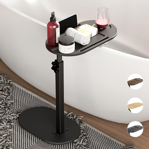 Yumkfoi Bamboo Bathtub Tray Table with Adjustable Height, Freestanding Bathtub Caddy for Tub Against Wall, Tub Organizer Suitable for Luxury Spa and House Warming - Patent Protected (Black) - color: Black