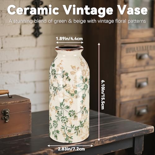 Vintage Ceramic Flower Vase Chinoiserie Antique Floral Vase Rustic Boho Farmhouse Decor for Home Table Bookshelf Aesthetic Centerpiece Gift(Vintage Green)