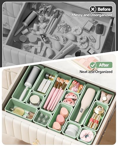 Canfanni 13 Pack Plastic Drawer Organizers Set, 3 Sizes Desk Drawer Organizer Trays for Vanity and Makeup Organizer, Organization and Storage for Makeup, Kitchen Utensils, Bathroom and Office(Green) - color: Green
