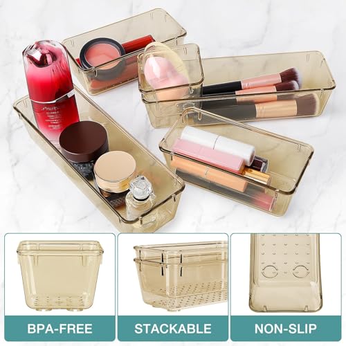 StorMiracle 16 PCS Drawer Organizer Set, 5 Varied Size Bathroom and kitchen Drawer cabinet organizer Trays, Clear Storage Bins for Makeup, Jewelry, Utensils and Gadgets, Champagne - color: Champagne, size: 16 PCS