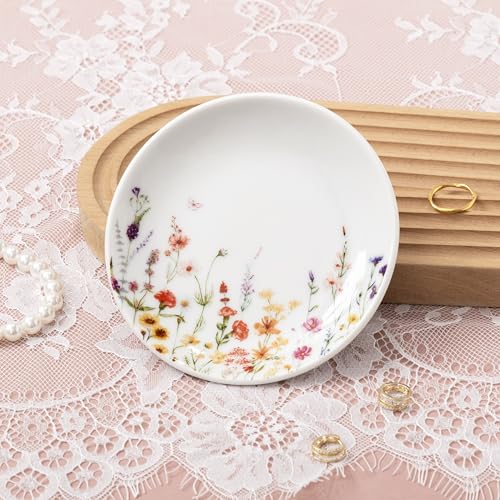 Crisky Flower Trinket Dish Jewelry Tray & Gift Box, Ceramic Ring Dish for Rings Earrings Necklaces Keys, Bridal Shower Engagement Birthday Gift for Women, Friends 4.57" - style: WildFlower Blank