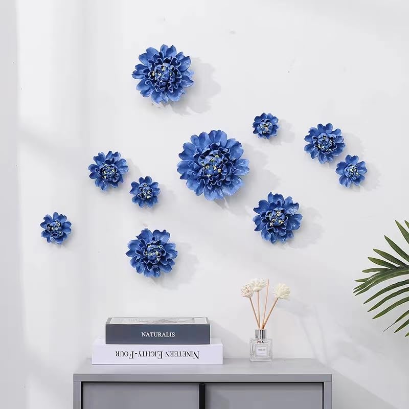 Ceramic Wall Flower Decor Artificial 3D Flower Wall Art，Handmade 3D Wall Art Hanging Sculpture， Porcelain Flower Wall Décor (Blue,Crape Myrtle,2.76")