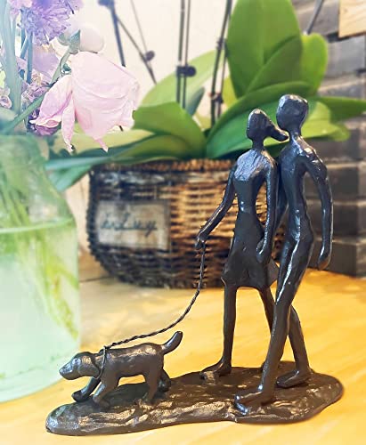 Couple and Dog Cast Iron Sculpture, Romantic Couple Love Metal Art Decor, Family Love Statue, Dog Lover Gifts for Couple - style: Couple Walking Dog