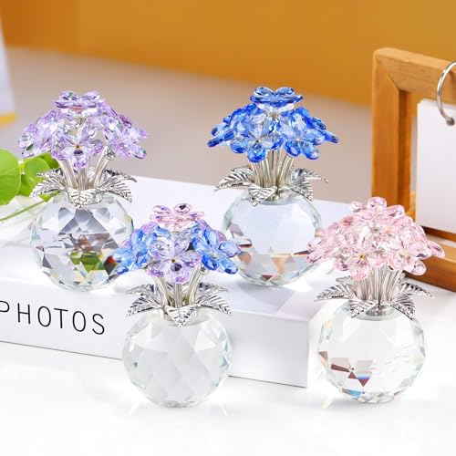 YWHL Blue Crystal Forget Me Not Flowers Gifts for Women, Handmade Glass Flower Bouquet Collectible Figurine for Tabletop Centerpieces - color: Blue